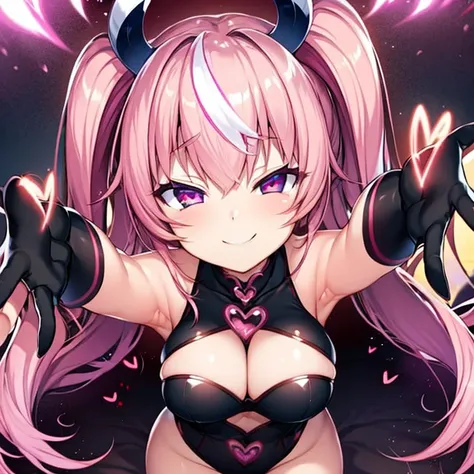 Succubus　pose of temptation　erotic body　　cute face　attractive face　Arm outstretched pose　heart mark　slight smile　pink hair　eyes are hearts　4-arm　charm magic　Angle from above