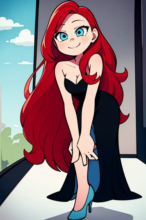 1 girl, teenage, red hair, long red hair, medium hair, blue eyes, bare shoulders, little black dress, short black dress, white h...