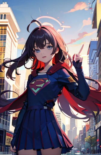 ((highest quality, masterpiece, disorganized) , super girl , 17 years old,long hair, hair with volume, hair loss, blue expressive eyes,super girl，Blue Bodysuit，red skirt，view of other buildings ,Day