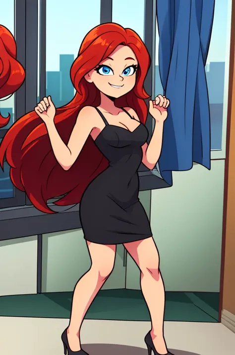 1 girl, teenage, red hair, long red hair, medium hair, blue eyes, bare shoulders, little black dress, short black dress, skin-ti...