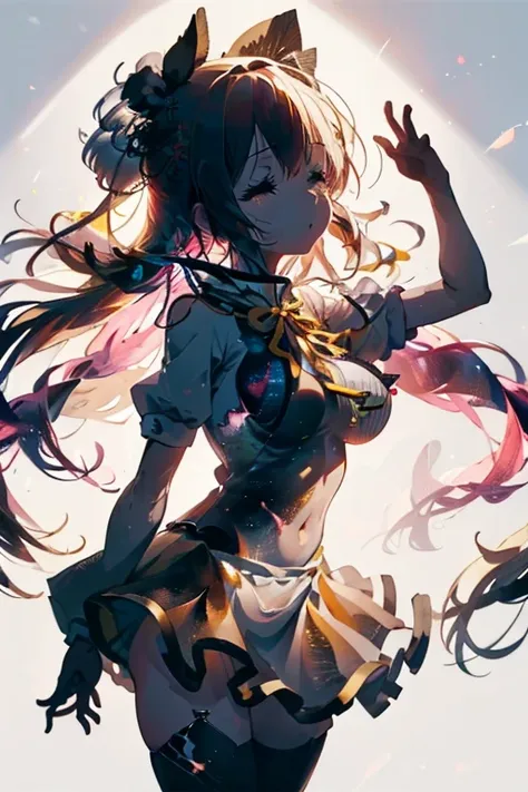 1 girl, cowboy shot, solo, perfect anatomy, standing, spread arms, mami tomoe, masterpiece, best quality, highres, big breast, closed eyes, :o, (fluttering skirt, white panties:1.2), double exposure, sacred, glitter, torn clothes, silhouette, nipple