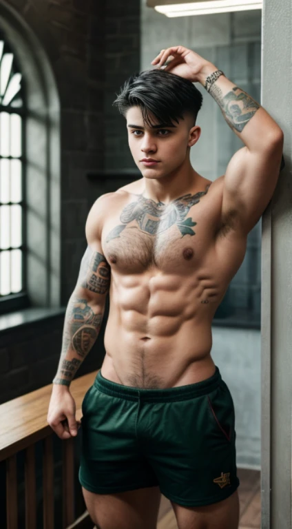 Harry Potter, tattoos on forearms , 18 years old, lowe taper fade haircut, black hair, green eyes fixed, affiliated features, no facial hair, height 1.93, weight 100 kg, aesthetic muscular build, broad shoulders, V-shaped body, full body focus, completely ...