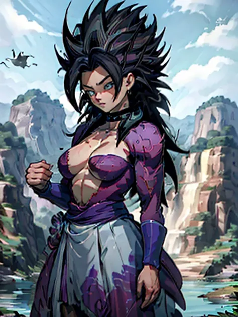 ultra-detailed, Caulifla, painted around the eyes, mountains scenery, ethereal lighting, mystical atmosphere, vibrant colors, illustration, realistic, high resolution, stunning landscape, majestic mountains, abundant vegetation, tranquil atmosphere, mornin...