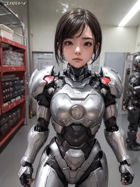 rough skin, Super detailed, advanced details, high quality, 最high quality, High resolution, 1080P, hard disk, beautiful,(war machine),beautifulサイボーグの女性,Red Mecha Cyborg Girl,battle,girl with mechanical body,、junior high school girl　Very short hair、sweaty b...