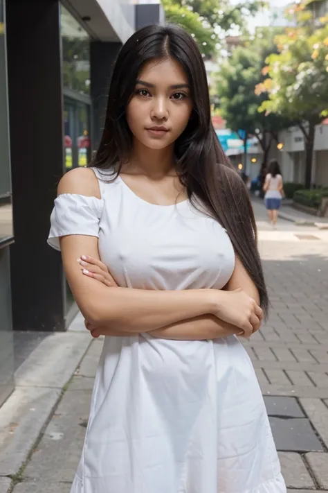 malay girl with fair skin, straight hair, black hair, brunette, beautiful young girl, with cute - fine - face, cute young woman, cute beautiful, girl next door innocent look, cute young girl, large breast, short sleeve , short arm sleeve, araffe woman in a...