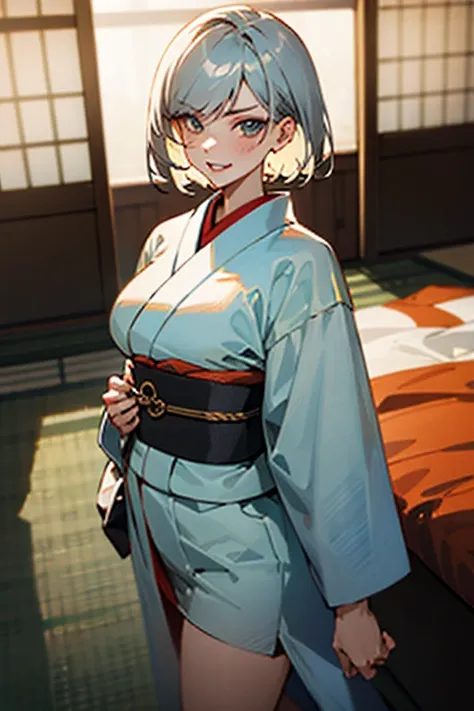 (masterpiece, best quality), nsfw,
1girl, standing,
BREAK 18 yo,  short silver hair, beautiful detailed cutest eyes, eyeshadow, lips, gal, large breasts, 
angry, smile, (blush:0.8),

BREAK red kimono,
BREAK japanese style room
