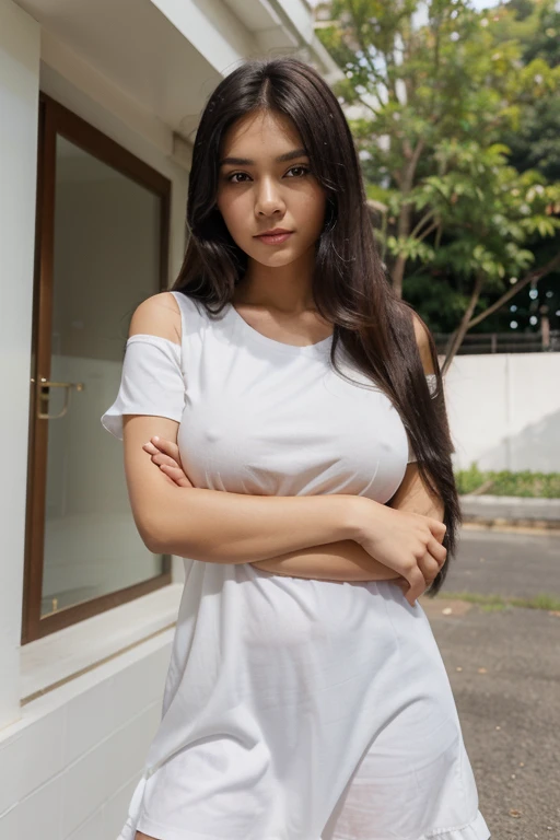 malay girl with fair skin, straight hair, black hair, brunette, beautiful young girl, with cute - fine - face, cute young woman, cute beautiful, girl next door innocent look, cute young girl, large breast, short sleeve , short arm sleeve, araffe woman in a...