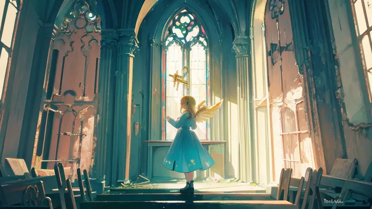 (abandoned church, stand glass with angel painted on it), (1 girl, sister, blonde hair, kawaii)