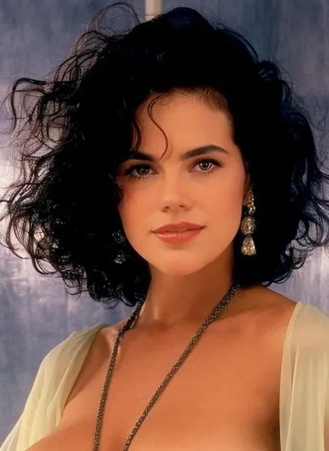 a close up of a woman with a very big breast, her black hair is a long curly, nagel, sherilyn fenn 2 6 years old, sherilyn fenn 2 2 years old, 80s hair, 8 0s hairstyle, 1 9 8 0 s woman, glamour shot, promo image, pretty woman, neri oxman