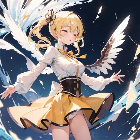 1 girl, cowboy shot, solo, perfect anatomy, standing, spread arms, mami tomoe, masterpiece, best quality, highres, big breast, closed eyes, :o, (fluttering skirt, white panties:1.2), sacred, glitter, sparkle, spot light, transparent clothes, wet, scenery, ...