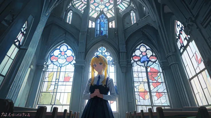 (abandoned church, blue stained glass), (1 girl, sister, blonde hair, kawaii)