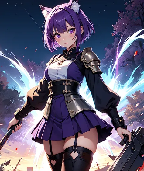 1girl, japanese clothes, short hair, purple hair, purple eyes,  blue fire, blue flames, wallpaper, landscape, blood, blood splatter, depth of field, night, light particles, light rays, sidelighting, thighs, fate (series), genshin impact, ****, armour knigh...