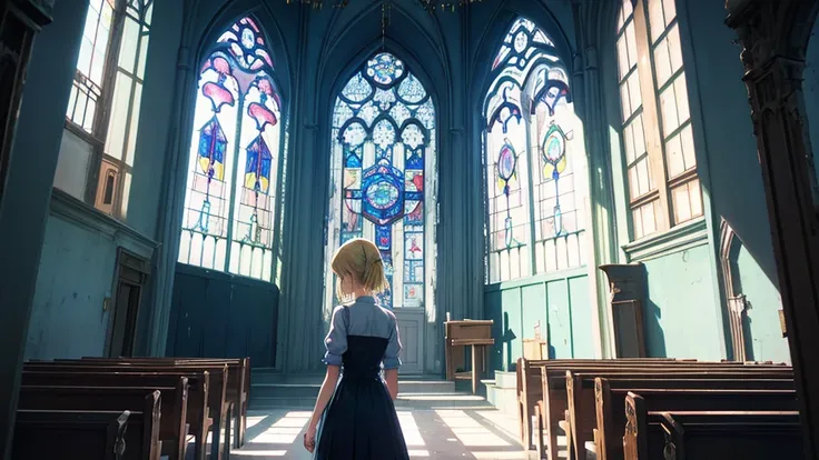 (abandoned church, blue stained glass), (1 girl, sister, blonde hair, kawaii)