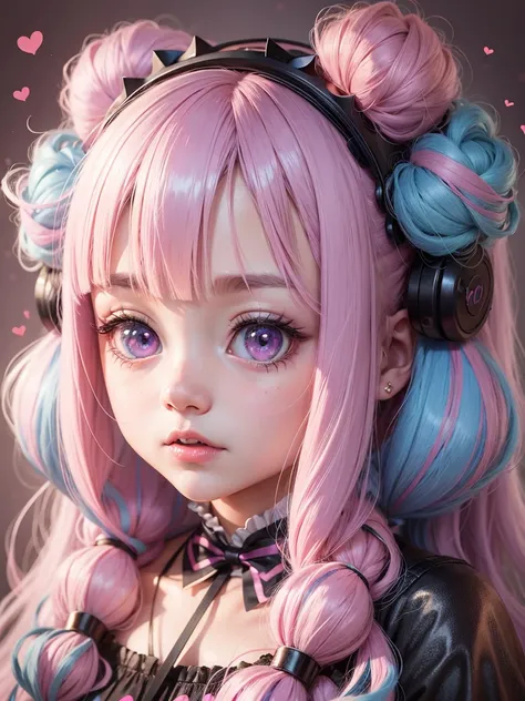 a close up of a doll with pink hair and white ears, kawaii realistic portrait, creepy kawaii, lavender and pink eyes, fairycore, glowing pink eyes, large cute anime eyes, anime girl in real life, hyper realistic anime, anime inspired, kawaii aesthetic, y 2...