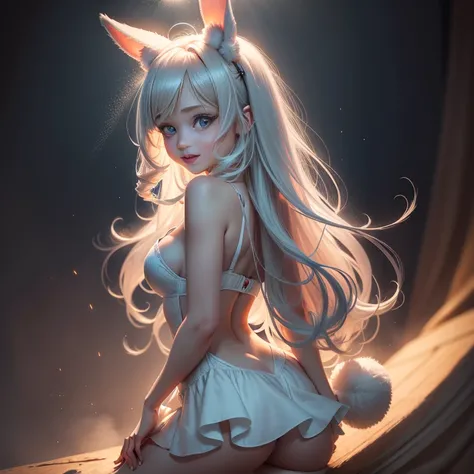 Bunny-eared beauty with furry rabbit tail，Playfully look back，Fur cute，Hair and its fluffiness，The eyes are big，having fun，Facing the camera squarely，best qualityer， tmasterpiece， A high resolution， Be red in the face， （seduct smile：0.8）， star-shaped bule ...