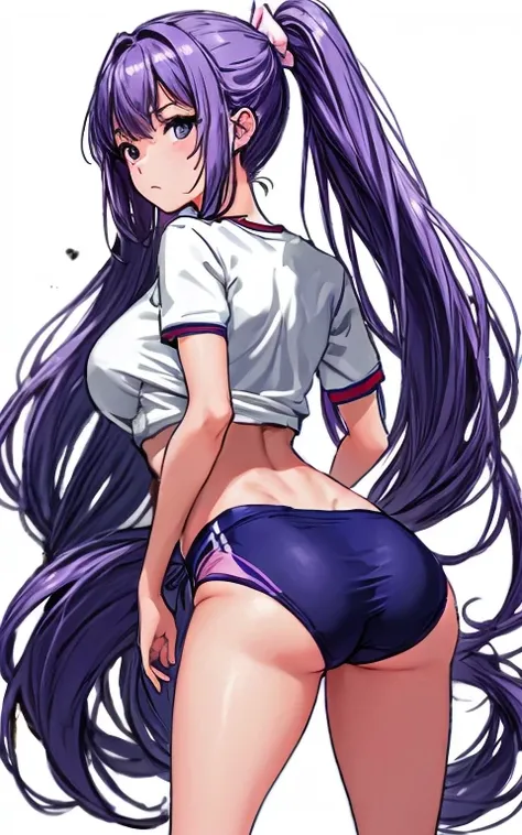 A beautiful woman with wisteria-purple hair in a long ponytail and a pale pink ribbon at the back, a sharp face and beautiful legs, is wearing gym clothes with a white top.、She is standing in dark blue bloomers with the bottom shaped like panties.。