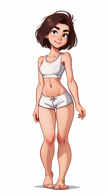 (rizdraws,p3r3zstyle,(white background),(pencil outline sketch),(low detail),(full body view),((small flat bust)),(average body),(female form),(white sports bra, white shorts),(no shoes, barefoot): 1.1), (standing front on) (arms bent at elbow to side) (sl...