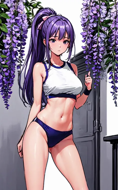 A beautiful woman with wisteria-purple hair in a long ponytail and a pale pink ribbon at the back, a sharp face and beautiful legs, is wearing gym clothes with a white top.、She is standing in the school playground with a stunned expression on her face, wea...