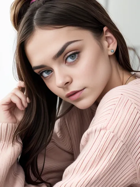 Photo of a 15-year-old European girl, RAW, hermosa chica adolescente ,hermosos  ojos azules ((retrato)), ((Cara detallada:1.2)), ((Detailed facial features)), (Piel finamente detallada) ,lindo maquillaje,  (cool color), (Masutepiece) (proporciones perfecta...