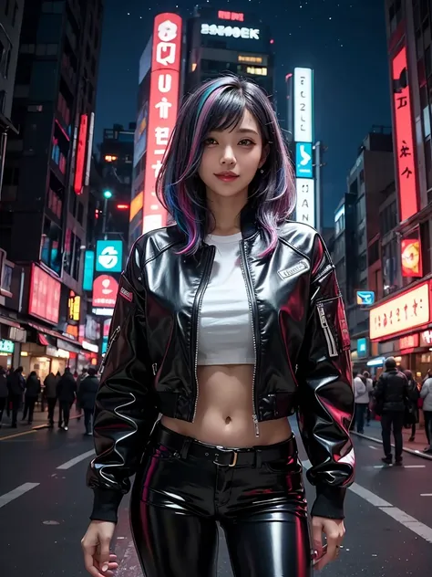 Incredibly ridiculous absolute resolution, Super detailed, official art, 8k wallpaper, masterpiece, (cyberpunk:1.2), (neon lights;1.4), whole body, (glowing building:1.5), starry sky,
rest
white leather jacket, black leather pants,
rest
(multi color hair:1...