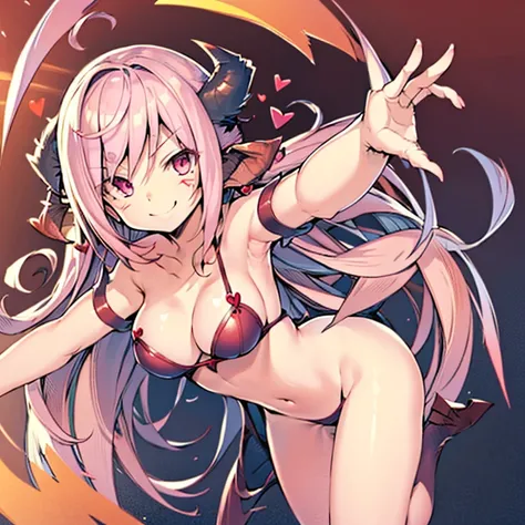 Succubus　pose of temptation　erotic body　　cute face　attractive face　Arm outstretched pose　heart mark　slight smile　pink hair　eyes are hearts　4-arm　charm magic　angle from above