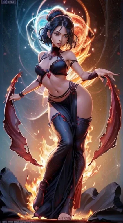 ((full body)), (((head to toe))),  beautiful blushing slender Goddess of fire, symmetric face, (((looking at viewer passionately, chignon black hair))), against fire flame background, scarlet lace brassiere, loincloth, garnet necklace, garnet tiara, scarle...