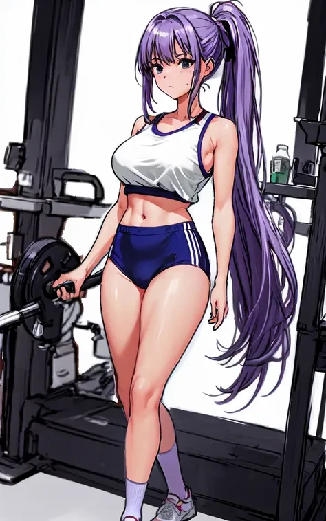 A beautiful woman with long wisteria-purple hair in a ponytail that reaches to her shoulders and a light pink ribbon in the back, and a beautiful leg and a sharp face, is wearing gym clothes with a white top.、She&#39;s standing in the gym wearing dark blue...