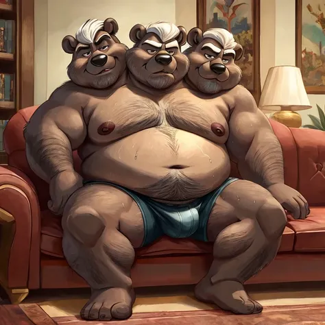 three heads one body, skunk, identical, fat, old, grumpy, double chin, living room background, anatomically correct eyes, shirtless, nipples, underpants, navel, sweaty, hairy, gross, sitting on couch, Disney style, rugged style, dirty style