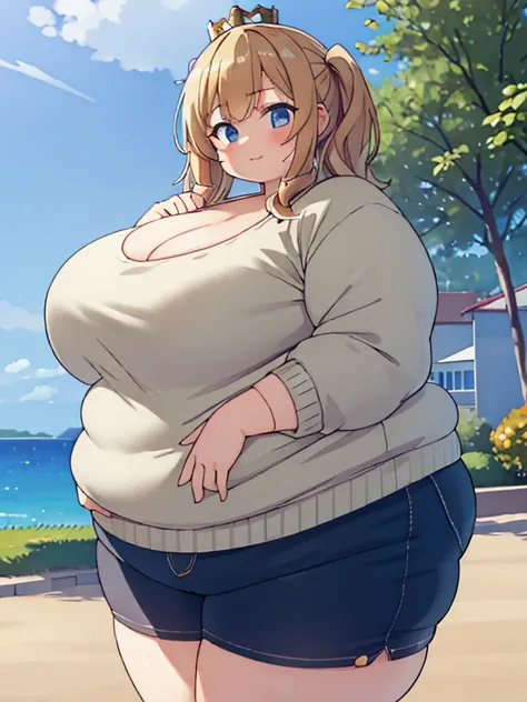 Massively Obese tactical girl, fat folds, extremely chubby, short curly blond hair, brown eyes, short skirt, pudgy, sitting, cleavage, SSBBW, (sweater):1.3, happy face, cute, crown, thick thighs, no pants