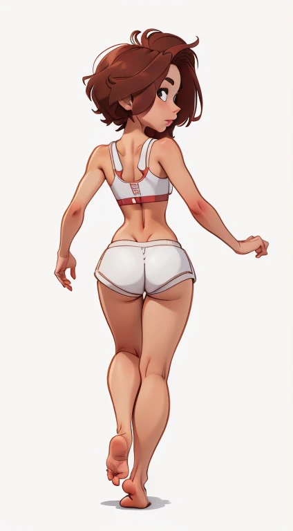 (rizdraws,p3r3zstyle,(white background),(pencil outline sketch),(low detail),(full body view),((small flat bust)),(average body),(female form),(white sports bra, white shorts),(no shoes, barefoot): 1.1), (standing (rear profile: 1.2) (running away from vie...