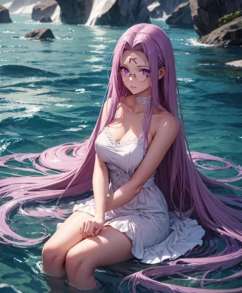 1girl, best quality, masterpiece, high resolution, solo, {white dress:1.40}, {short dress:1.20}, {medusa_fgo:1.15}, long_hair, purple_hair, very_long_hair, purple_eyes, breasts, big_breasts