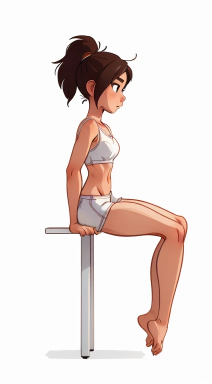 (rizdraws,p3r3zstyle,(white background),(pencil outline sketch),(low detail),(full body view),((small flat bust)),(average body),(female form),(white sports bra, white shorts),(no shoes, barefoot): 1.1), (sitting (front profile: 1.2)) (focussed expression)