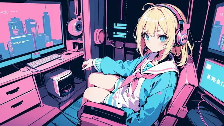 (1 girl, blonde hair, blue eyes, sailor suit, headphone, sitting in a chair, kawaii), (pink cyberpunk, room with big monitors, pink neon), (low contrast, flat color, limited palette)