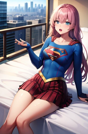 ((highest quality, masterpiece, disorganized) ，supergirl, 17 years old,long hair, hair with volume, hair loss, expressive eyes,Blue Bodysuit，red skirt，view of other buildings ,defeat，on the bed，yawn，