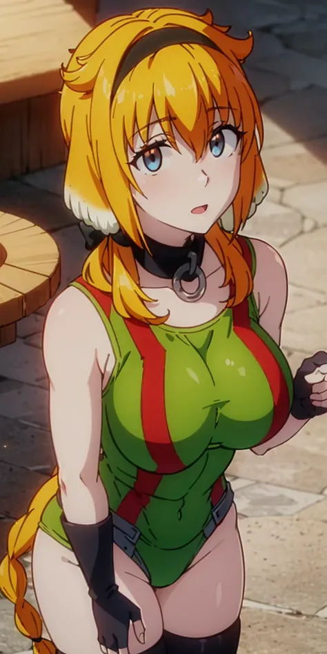 Cammy, BLUE EYES, BLONDE HAIR, VERY LONG HAIR, (TWIN BRAIDS), rED HEADWEAR, (GREEN LEOTARD:1.2), FINGERLESS GLOVES, HARNESS, THIGHS, RED SOCKS, BLACK FOOTWEAR, medium breast, (full-body:1.2), (realistic:1.2), (realism:1.2), (masterpiece:1.2), (best quality...