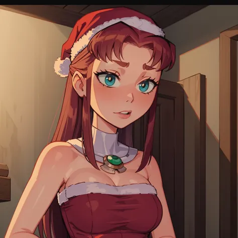 Starfire, santa hat, dark green eyes, reddish hair, green eyes, cute eyes, christmas outfit