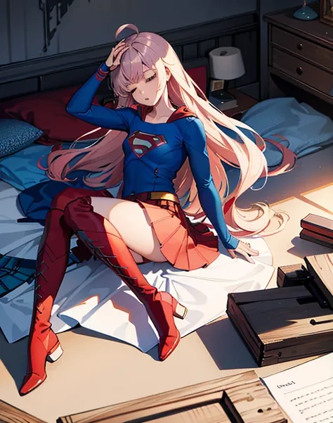 ((highest quality, masterpiece, disorganized) ，supergirl, 17 years old,long hair, hair with volume, hair loss, expressive eyes,Blue Bodysuit，red skirt，red heel boots，view of other buildings ,defeat，sleeping on the bed，