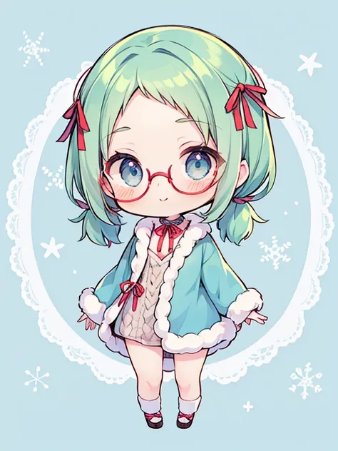 Chibichara little girl, smiles, (Very small breasts), (deep blue eyes), (Pale green hair, Short hair, forehead, Small pigtails), (red-half-rimed glasses),((Chibi Chara)), winter costume with fluff, Warm, fur, Ribboned, knit sweater-in-chest open dress, rib...