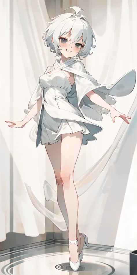 full-body close-up, create an elegant atmosphere), white short skirt, white hair shawl, graceful flowing, elegant movements, lustful smirking smile expression (red blush), floating in the air, (1girl), slim figure)
