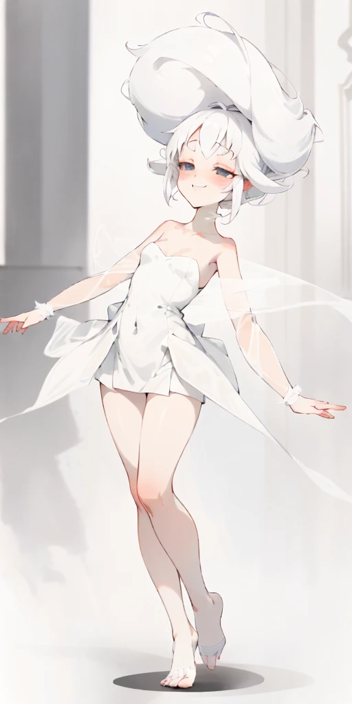 full-body close-up, create an elegant atmosphere), white short skirt, white hair shawl, graceful flowing, elegant movements, lustful smirking smile expression (red blush), floating in the air, (1girl), slim figure)
