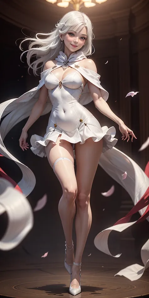 full-body close-up, create an elegant atmosphere), white short skirt, white hair shawl, graceful flowing, elegant movements, lustful smirking smile expression (red blush), floating in the air, (1girl), slim figure)
