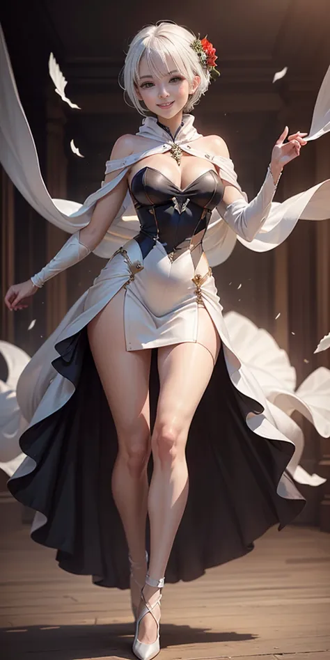 full-body close-up, create an elegant atmosphere), white short skirt, white hair shawl, graceful flowing, elegant movements, lustful smirking smile expression (red blush), floating in the air, (1girl), slim figure)
