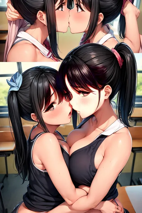 Two teenage girls，angry look，equivalent height，In the classroom，black hair ponytail，Facing each other and staring，hug each other，The two bodies are close to each other，kiss、Picture of two people、Holding hands and facing each other、Photograph of two people ...