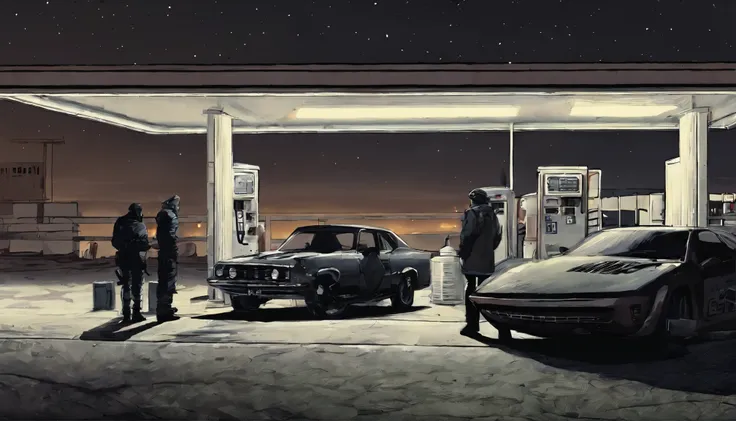 The tranquility of the night envelopes the isolated gas station，Starlight dotted the deep blue sky，The silence of the desert makes everything more mysterious。Tom&#39;s car is parked in front of the gas station，The slight hum of the engine echoed in the nig...