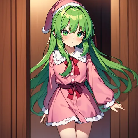 masterpiece, best quality, 1girl, little girl, child, 10 years old, kazami yuuka (pc-98), solo, green hair, long hair, pink nightcap, pink santa hat, green eyes, kazami yuuka, long sleeves, red ribbon, pink negligee, sleepy eyes, one piece clothing, touhou...