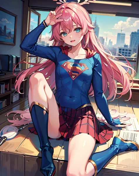 ((highest quality, masterpiece, disorganized) ，supergirl，Beッドで仰向けに寝ている，Crab crotch，please show me your boots , 17 years old,long hair, hair with volume, hair loss, expressive eyes,Blue Bodysuit，red skirt，red heel boots，view of other buildings ,defeat，Be