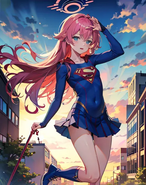 ((highest quality, masterpiece, disorganized) ，supergirl，Beッドで仰向けに寝ている，Crab crotch，please show me your boots , 17 years old,long hair, hair with volume, hair loss, expressive eyes,Blue Bodysuit，red skirt，red heel boots，view of other buildings ,defeat，Be