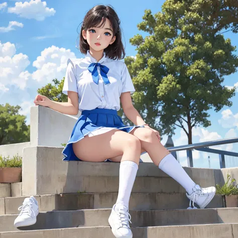 masterpiece,girl, solo, shining eyes, white sneakers, uniform, mini skirt, white panties, white knee socks, masterpiece, highest quality, real, Super detailed, blue sky, Sit on concrete stairs