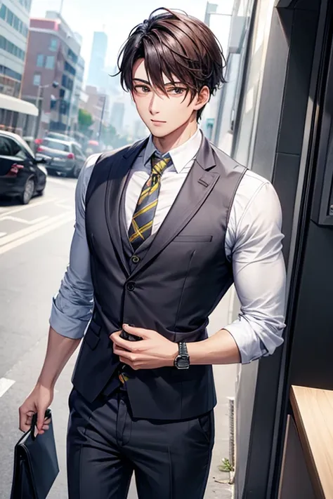 office、PC job、Handsome guy、with short brown hair,Cold day、navy three-piece suit、gray shirt、long sleeve、yellow tie、High resolution、In 8K、sharp focus、zoom、in the best quality