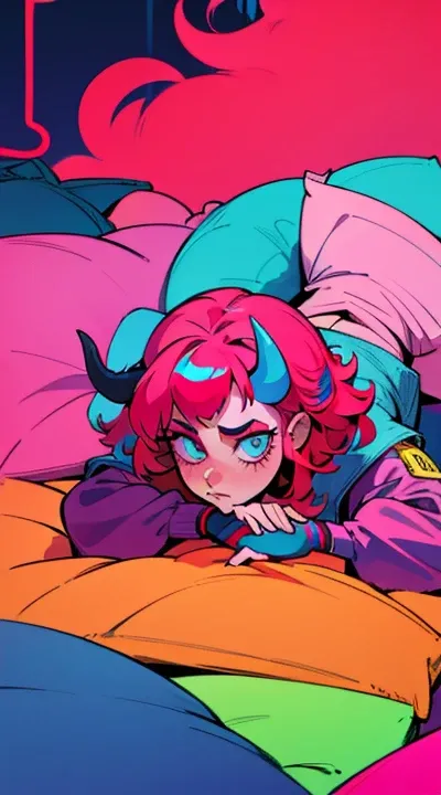 Mike Jackson lying on bed, cool colorful jacket, long red horns, pink messy curly hair, neon glowing style, art by Guillaume Renard and Min Geon Rogan 